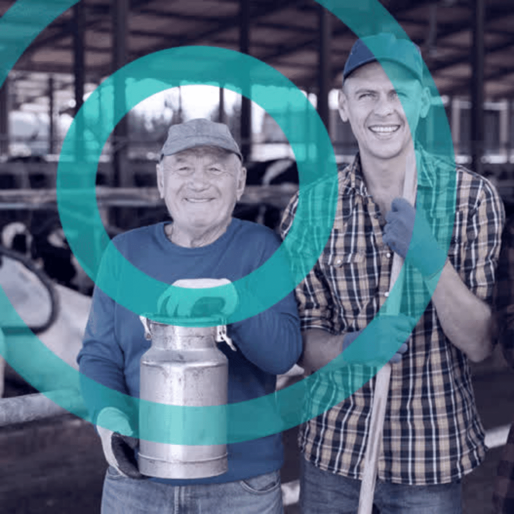 An image of a farmer and his grandson with a graphic overtop.